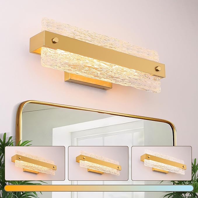 Brushe Gold Bathroom Vanity Light, 16.5 Inch 10W Dimmable LED Bathroom Light Fixture Over Mirror, Modern Crystal Bar Bath Wall Sconce for Bath, 3CCT, OS-MM5001-2BG