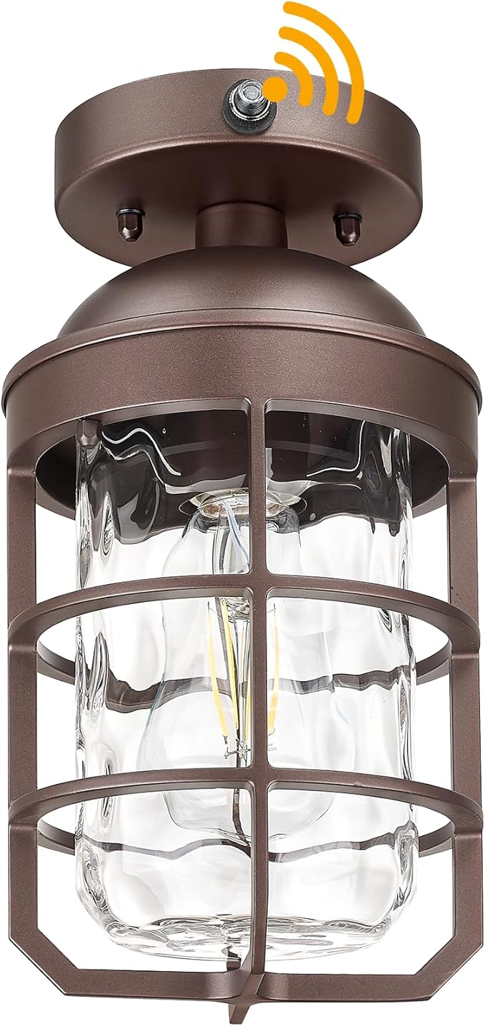 Outdoor Ceiling Lights for Porch with Dusk to Dawn Sensor, Outdoor Semi Flush Mount Ceiling Light Fixture with Water Ripple Glass for Front Porch Entryway Patio