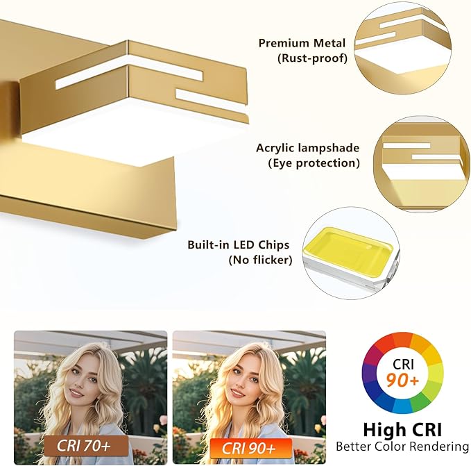 LED Modern Bathroom Vanity Light Fixtures, 3-Light 22-inch Dimmable Gold Vanity Lights for Bathroom Lighting Fixtures Over Mirror, with 360° Rotatable Heads (Cool White 6000K)