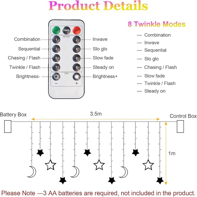 Star Moon Curtain Lights 11.5ft Remote Control LED Fairy Light Strings, 8 Flashing Modes Waterproof Decorative Lights for Garden, Christmas, Wedding, Party, Bedroom Decorations(Multicolored)
