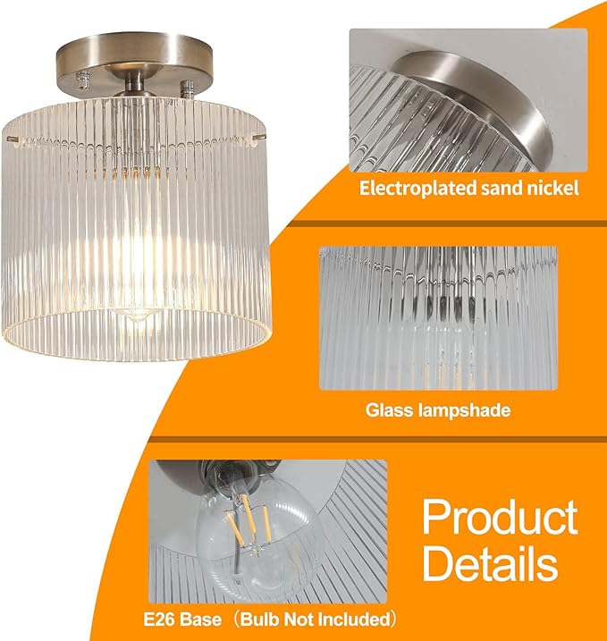 Modern Semi Flush Mount Ceiling Light, Industrial Clear Glass Ceiling Light Fixture, Crystal Ceiling Lamp, Modern Ceiling Lamps, Farmhouse Light for Entryway Hallway Kitchen Dining Room, Nickel
