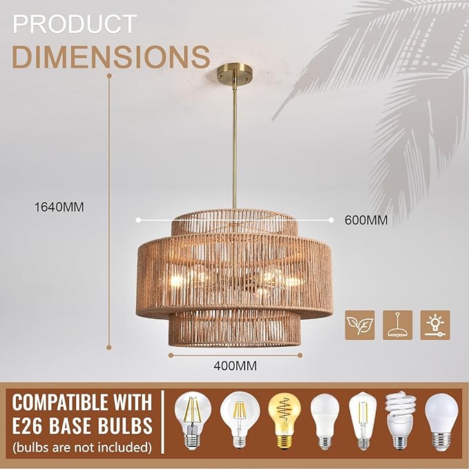 Large Rattan Chandelier 23.62" Boho Chandelier for Dining Room 3-Tier Hand Woven Boho Light Fixture 6 Light Modern Farmhouse Chandelier Kitchen Island Lighting