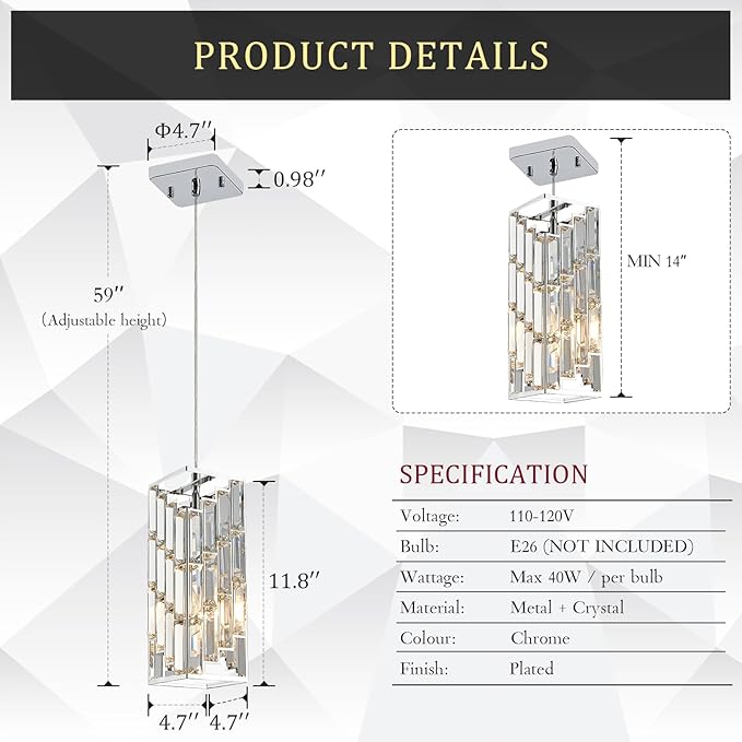 CATINER Chrome Crystal Pendant Light, Mini Hanging Pendant Lighting Fixture with Adjustable Cord, Modern Silver Pendant Light for Kitchen Island, Dining Room, Bedroom, Hallway, E26 Base (1 Pack)