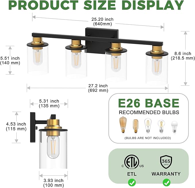DORESshop Bathroom Light Fixtures, 4-Light Black and Gold Bathroom Vanity Light Over Mirror with Clear Glass Shade, Vanity Lights for Hallway Living Room Bedroom