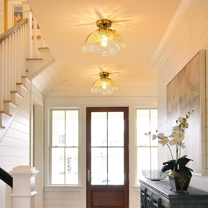 Vintage Semi Flush Mount Ceiling Light,Bronze Ceiling Light Fixtures with Gradient Amber Handmade Leaf Glass for Bedroom,Kitchen,Hallway,Entryway