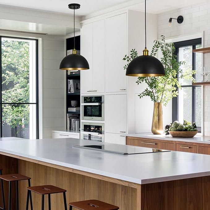 Pendant Lights Kitchen Island - 12-Inch Farmhouse Dome Hanging Light Fixture, Black and Gold Industrial Ceiling Light Adjustable Kitchen Pendant Lighting for Dining Room, Bedroom, Living Rooms