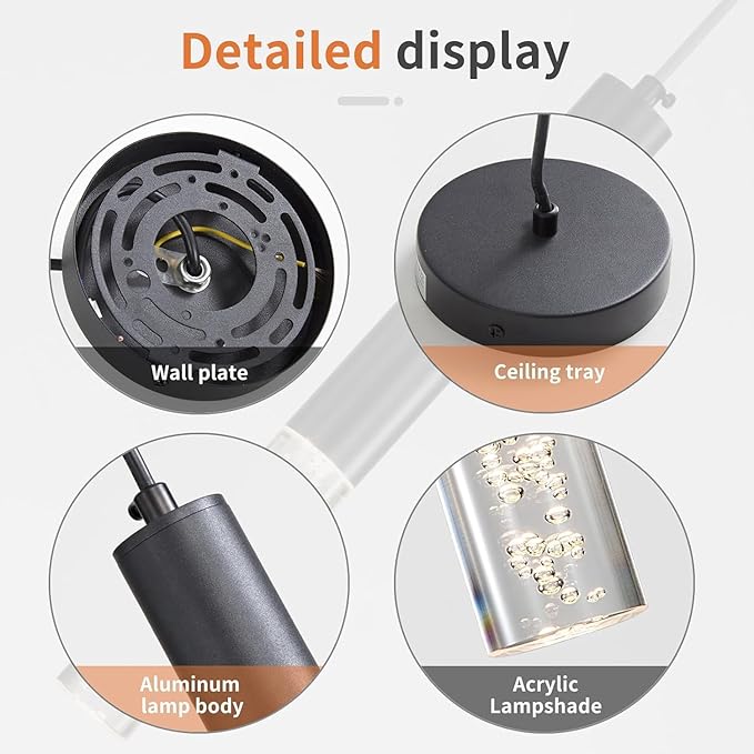 2 Pack Modern Pendant Lights, Mini Chandelier Bubble Acrylic Pendant Lighting for Kitchen Island, 3 Color 3000K/4500K/6500K, Black LED Ceiling Hanging Light for Bathroom, Dining Room, Bedroom
