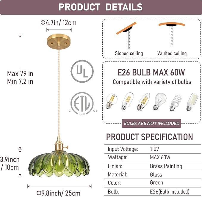 Pendant Lights Kitchen Island,Green Glass Vintage Light Fixtures,9.8inch E26 Adjustable Hanging Light Flower Finish Ceiling Hanging Lamp for Bedroom Living Room Hallway 1 Light