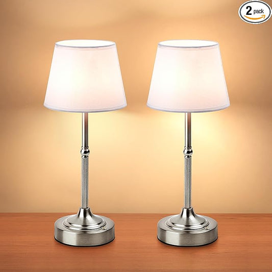 LUTEC 2 Pack Cordless Table Lamp, Battery Operated Lamp with 3 Color Temps and Stepless Dimming, 5200mAh Portable Rechargeable Table Lamp for Restaurant/Bedroom/Bars/Outdoor (Silver)