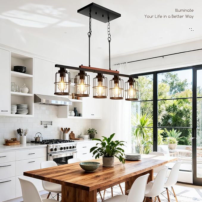 5-Light Dining Room Light Fixture, Chandeliers for Dining Room with Metal Lampshade, 33.4" Kitchen Island Lighting for Dining Rooms, Kitchens, and Islands, with Adjustable Height