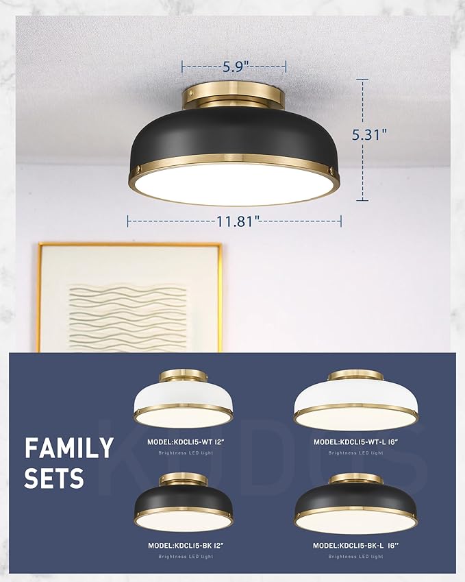 kudos 2 Pack Ceiling Light, 12-inch LED Flush Mount Ceiling Light, Black and Gold Finish, 24W/1100lm,Living Room, Bedroom, 3000K/3700K/4500K/5100K/6000K Adjustbale, KDCL15-BK-2PK
