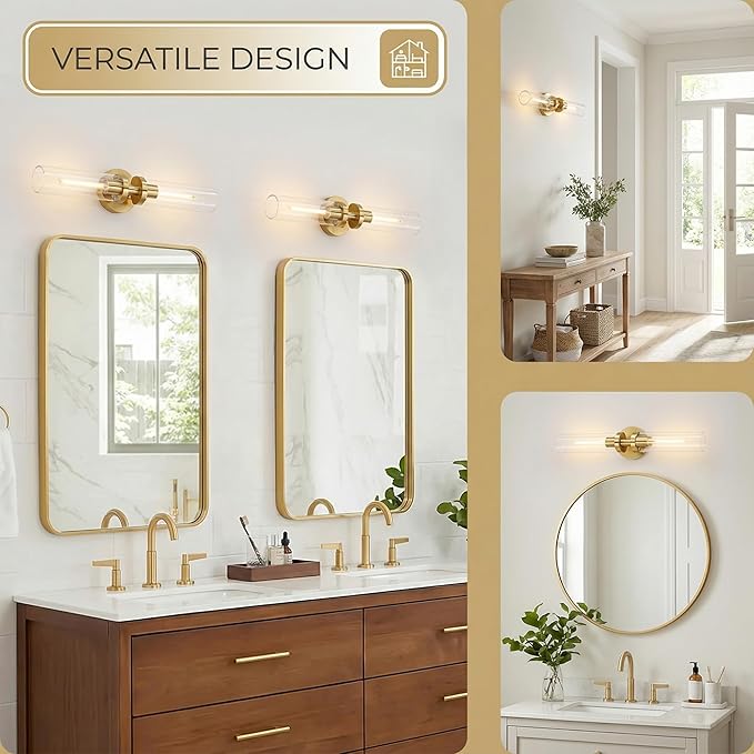Wall Sconces 2-Pack, Hardwired Bathroom Light Fixtures, Modern Farmhouse Vanity Wall Lighting with Clear Glass Shades, E26 Base Wall Sconce Wall Lights for Bathroom Wall Decor, Gold