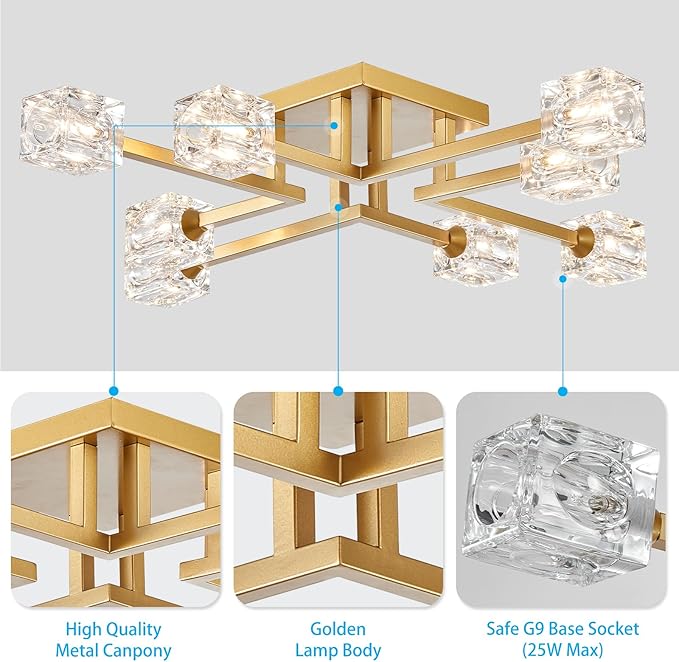 XINGQI Gold Modern Sputnik Chandelier Farmhouse Ceiling 8 Lights Industry Semi Flush Mount Ceiling Light Fixture, Mid Century for Dining Room, Farmhouse Kitchen, Bedroom, Office