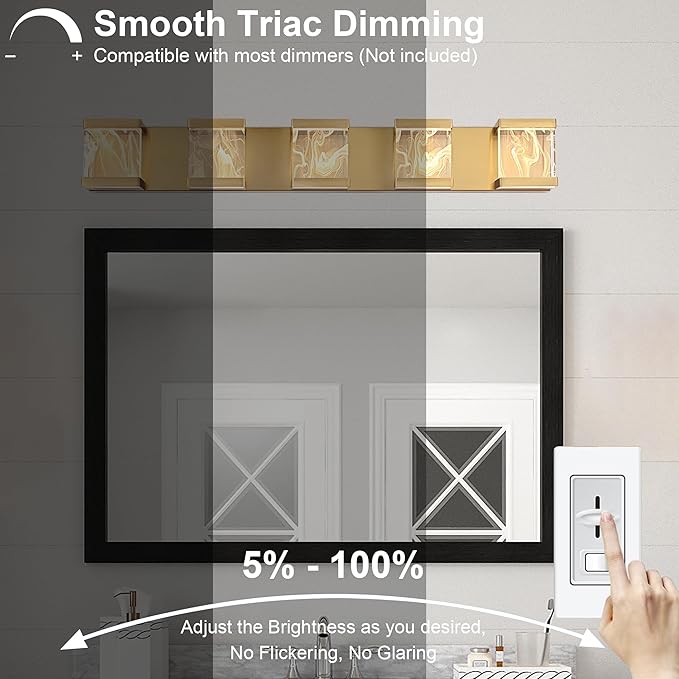MELUCEE LED Bathroom Lighting Fixtures Over Mirror 25W 3000K Warm Lighting, 5 Lights Brass LED Vanity Lighting Bar with Unique Smoke Acrylic Panel, Wall Sconces for Bath Powder Room Entryway