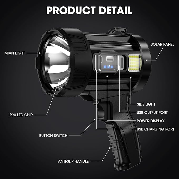 Kmivo Rechargeable Spotlight, 2,000,000 Lumens Super Bright Handheld Led Flashlight, Outdoor Spot Light with Cob Light and Solar Panelsfor Boating Camping