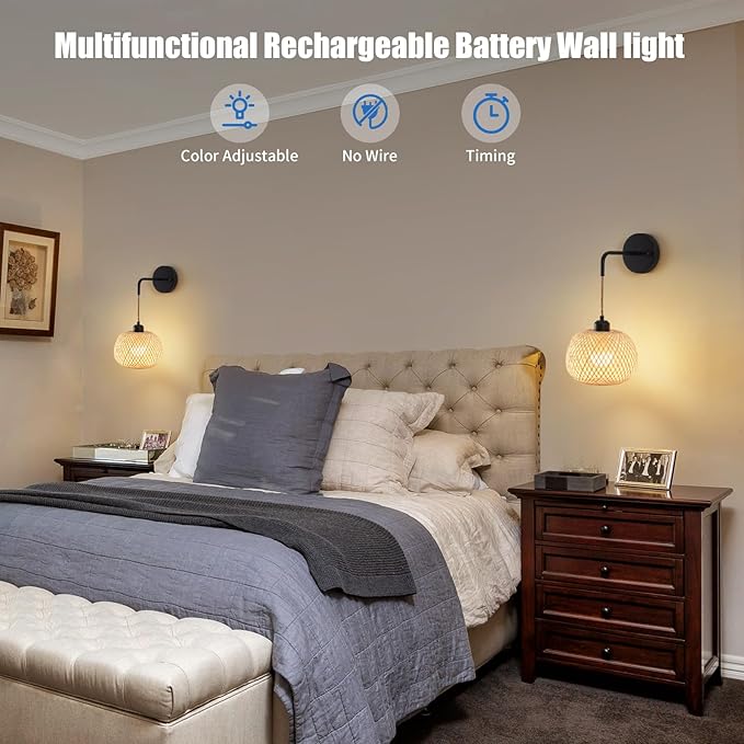 Vitnucrol Battery Operated Wall Sconce Set of Two, Bamboo Rechargeable Boho Wireless Sconces with Remote, Dimmable Non-Hardwired Farmhouse Wall Lights for Bedroom Living Room (Black, 8 inches)