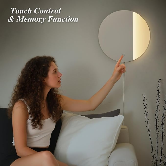 ONEWISH LED Wall Sconce, Dimmable Mirror Wall Lamp,16.93 inch Round Wall Lights for Bedroom with Memory Function, Wall Lamps for Living Room Entryway, Silver