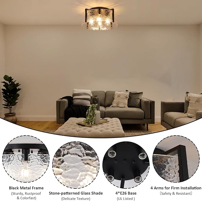 Black Flush Mount Ceiling Light Fixture, 4 Light Modern Entryway Light Fixture Ceiling Mount, Close to Ceiling Light Fixtures, Kitchen Lighting Fixtures Ceiling Lights for Bedroom Bathroom Hallway