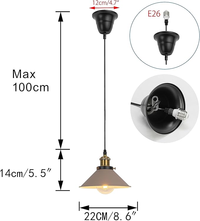 2 Pcs Ceiling Light Conversion Dimmable Pendant E26 Base Connections Metal Khaki Cone Shade Industrial Style Adjusted 3.2ft Wire Conversion Kit for E26 Spot Light