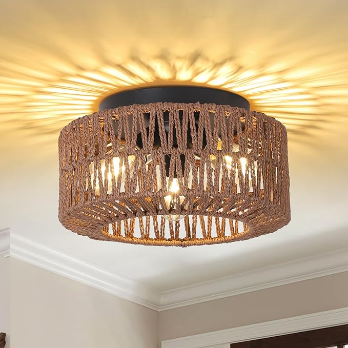 Boho Light Fixture，3-Light Farmhouse Rattan Light Fixtures Ceiling Mount，Flush Mount Ceiling Light with Hand-Woven Shade，Modern Chandelier for Living Bedroom Entryway Kitchen Nursery