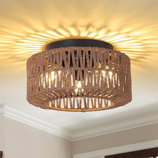 Boho Light Fixture，3-Light Farmhouse Rattan Light Fixtures Ceiling Mount，Flush Mount Ceiling Light with Hand-Woven Shade，Modern Chandelier for Living Bedroom Entryway Kitchen Nursery