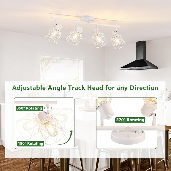 4-Lights Kitchen Light Fixtures Ceiling Mount, Adjustable Multi-Directional White Flush Mount Ceiling Light Fixture with Metal Cage, Modern Spot Ceiling Lamp for Hallway, Dining Room, Bedroom