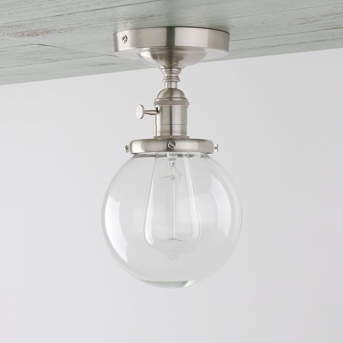 PERMO Modern Small Semi Flush Mount Ceiling Pendant Light Glass Ceiling Lights Hallway Fixtures with Flate Ribbed Glass Lampshade, 1-Light (Brushed, 301)