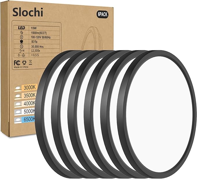 slochi 6Pack 1500LM LED Flush Mount Ceiling Light Fixture, 7 Inch 15W, Super Slim 0.7 Inch, 3000K-6500K Adjustable Round Black Ceiling Lights for Living Room,Bedroom,Kitchen,Bathroom,Hallway