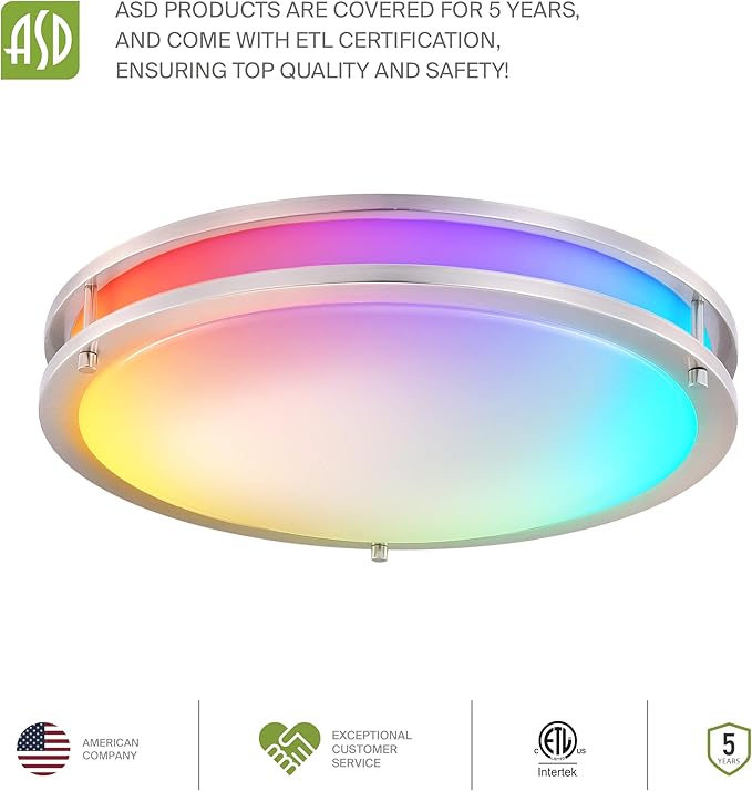 ASD LED 18" Round Flush Mount Lighting, Close to Ceiling Light Fixture | Smart, Multicolor, Dimmable, ETL Listed | 28W 1844LM RGB-2700-6500K 120V | Low Profile Double Ring Lamp | Nickel, 2 Pack