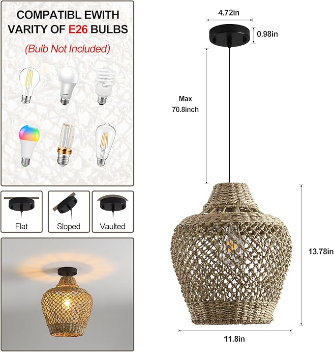 2 Pack Rattan Pendant Light, 11.81” Boho Wicker Hand Woven Hanging Seagrass Lighting Fixture, for Farmhouse Kitchen Bedroom Dining Living, Hallway