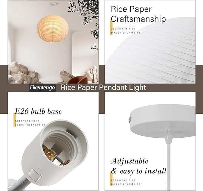 Large Rice Paper Pendant Light Kit, 23.6in White Globe Paper Lantern Lights, E26 Base, Japanese Hanging Lantern Lamp Japandi Chandelier for Dining Room Bedroom Office Living Room
