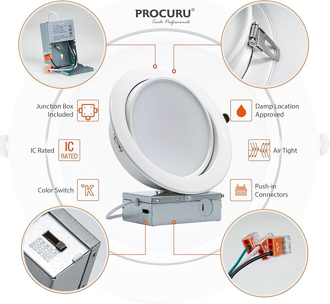 PROCURU [4-Pack] 6-Inch Gimbal Heavy Duty 12W (7" Trim) LED 2700K-6000K 5CCT Adjustable, Rotate & Swivel Ultra-Thin Recessed Ceiling Downlight, Dimmable, AirTight IC Rated (VGB6-5W3-4P)