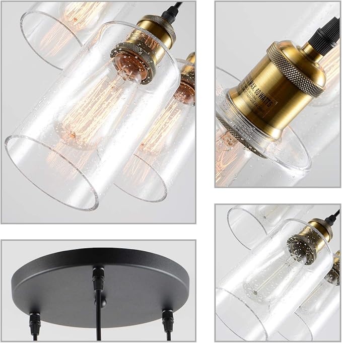 VILUXY 3-Light Black Pendant Light, Modern Farmhouse Seeded Glass Shade Cluster Chandelier Hanging Lamp Fixture for Dining Room Kitchen Island Entryway Black and Gold