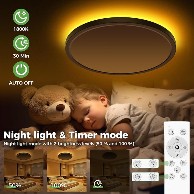 zemty 19 Inch LED Ceiling Lights with Night Light 1800K, 36W 3600lm Light Fixtures with Remote Control, 3000K-6500K Adjustable, Dimmable Low Profile Ceiling Lamp for Bedroom Dining Room Kitchen-White