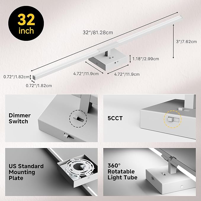 Vanity Lights 32 inch, 4-Level Brightness Built-in Dimmer, 18.5W Dimmable 5CCT Bathroom Light Fixtures Over Mirror, Baked Matte Grey Vanity Lights for Bathroom Mirror Bedroom-FCC & ETL