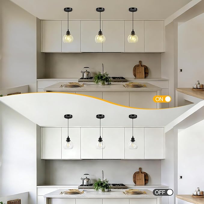 Pendant Lights Kitchen Island, Black Pendant Light with Glass Lampshade, 71 Inch Adjustable Hanging Lamp for Kitchen Living Room, Modern Farmhouse Industrial Ceiling Lighting Fixture(E26 Base,No Bulb)