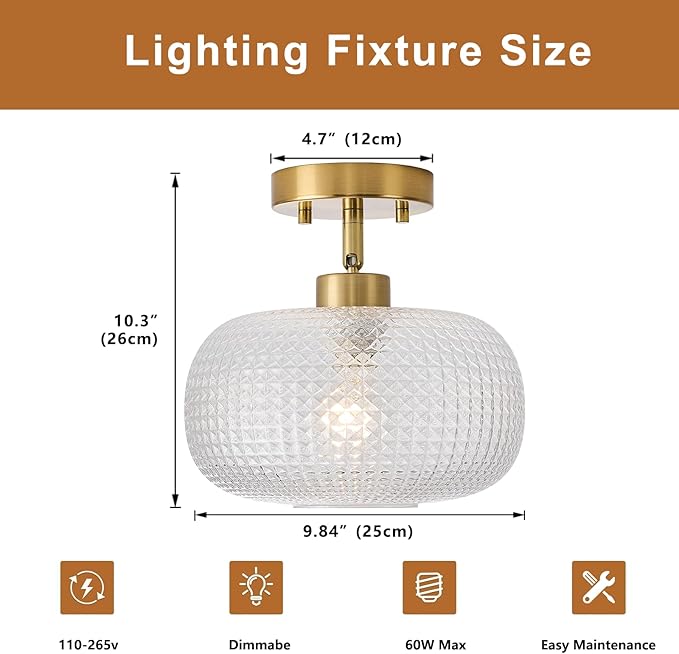 Modern Prismatic Globe Ceiling Light,Vintage Glass Flush Mount Light Fixture with Brass Gold Base Hallway Ceiling Lighting for Bedroom,Foyer,Kitchen,Laundry Room,Entryway,9.84 Inch,E26 1-Light