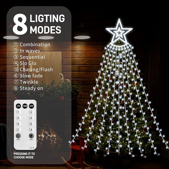 350 LED Christmas Decorations Star String Lights Waterproof Waterfall StarLights 8 Light Modes Remote & Timer,Waterproof Seasonal Lighting Decor for Home Xmas Tree Yard Wedding Party (Cool White)