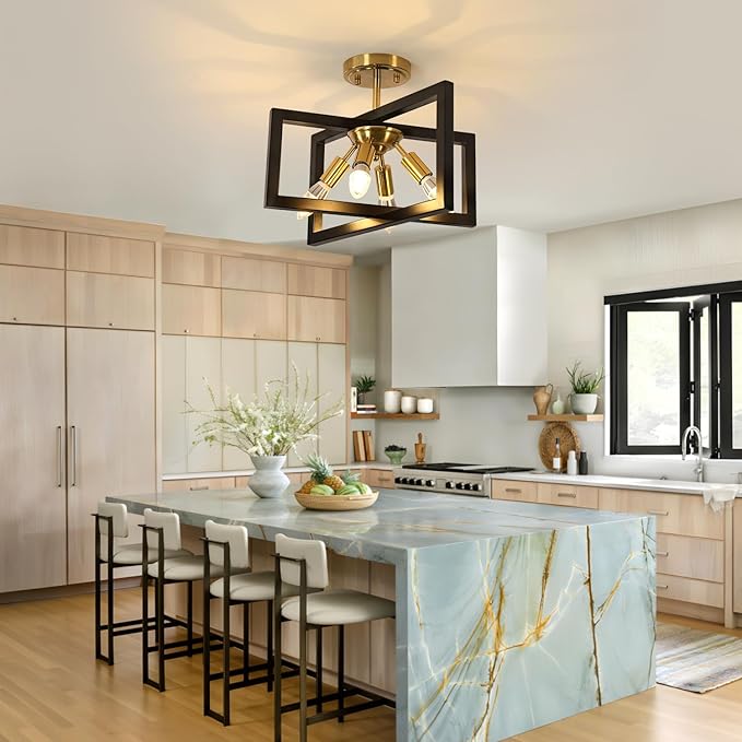 DELIPOP 4-Light Flush Mount Ceiling Light, Farmhouse Gold Square Metal Frame Light Fixtures Ceiling Chandelier for Kitchen, Dining Room, Entryway, Hallway, Island