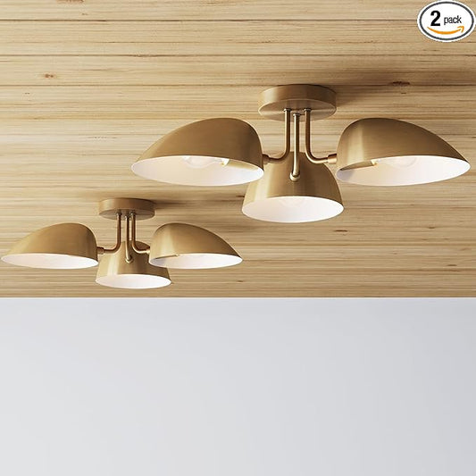 Nathan James Argo Semi Mount Flush Ceiling Light, 3-Lights Modern Retro Lighting with Black Rounded Shades for Hallway, Dining Room and Bedroom, Vintaged Brass