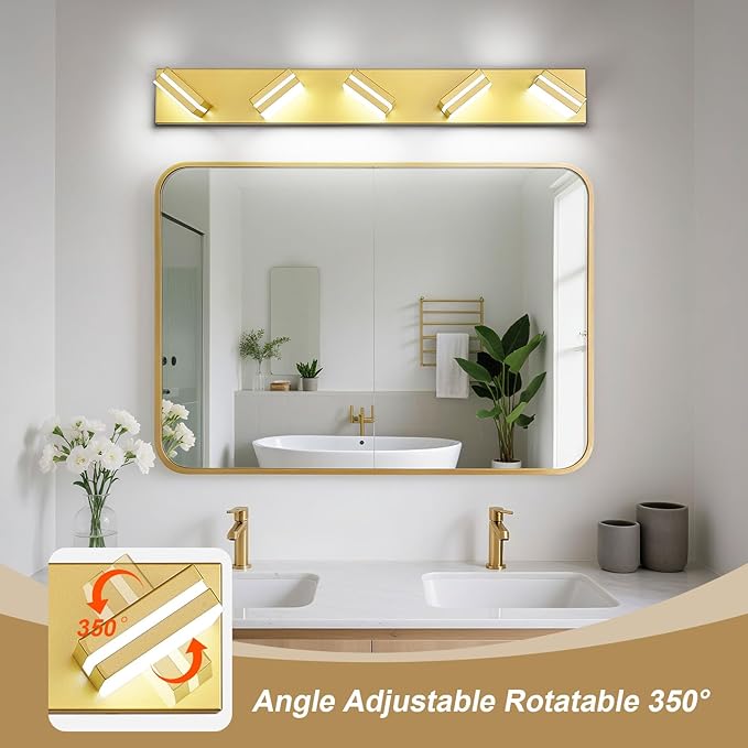 Modern LED Bathroom Lights Fixtures 5-Light,Metal Gold Acrylic Wall Lighting,Vanity Lights for Bathroom Over Mirror 6000k 34in