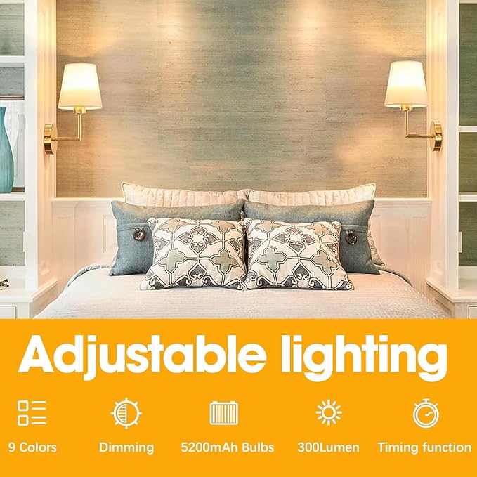 JKEYES Battery Operated Wall Sconces Set of Two, Gold Cordless Wall Sconce with 10000mAh RGB Dimmable Detachable Rechargeable Bulbs, 12 Colors Sconces Wall Decor for Bedroom Living Room Hallway