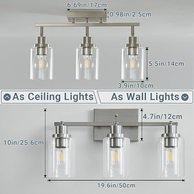 LOUSACE 3-Light Brushed Nickel Track Lighting Kit with Clear Glass, Modern Track Light Fixtures Flush Ceiling Mounted, Tracking Vanity Lighting Rotatable Spotlight for Kitchen Bathroom Accent Shop