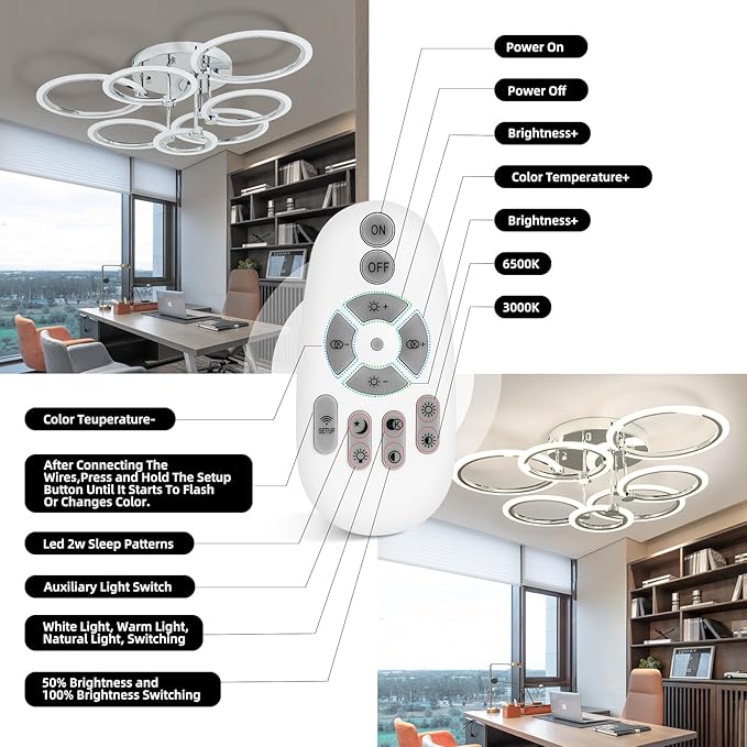 7-Ring Modern LED Flush Mount Ceiling Light - 31.8" Dimmable Close-to-Ceiling Fixture with Remote Control, 130W 3000K-6500K Adjustable Color Temperature for Bedroom, Living Room (Chrome)