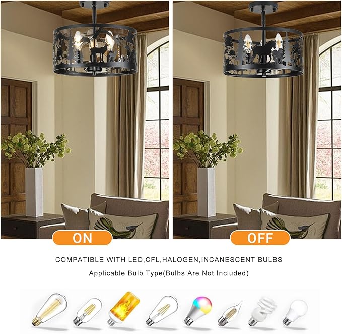Farmhouse Rustic Ceiling Light Fixtures-Horse & Deer Design, 3-Light Round E26 Base Black Metal Fixture for Kitchen, Living Room,Foyer, Bedroom, Hallway(Bulbs not Included)