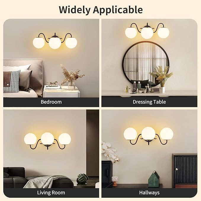 3 Lights Vintage Bathroom Vanity Light Fixtures Over Mirror, Matte Black Vanity Lights For Bathroom With Milk White Glass Globe Shade, Wall Lights For Bedroom, Hallway, Dressing Table(Includ G9 Bulbs)