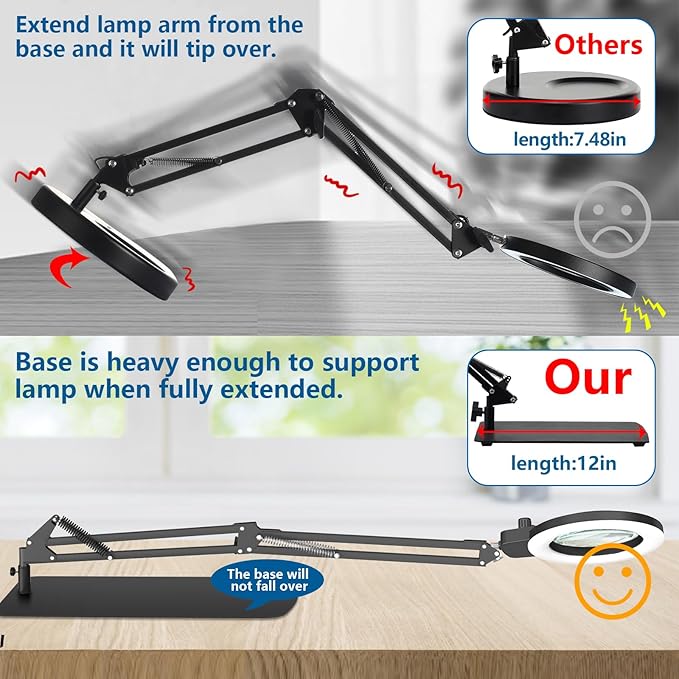 HITTI 12X Magnifying Glass with Light, 2026 Infinite Color and Stepless Dimming Desk Large Lamp & Clamp,2-in-1 LED Hands Free Lighted Magnifier for Craft Hobby Soldering(12X Square Base & Clamp)