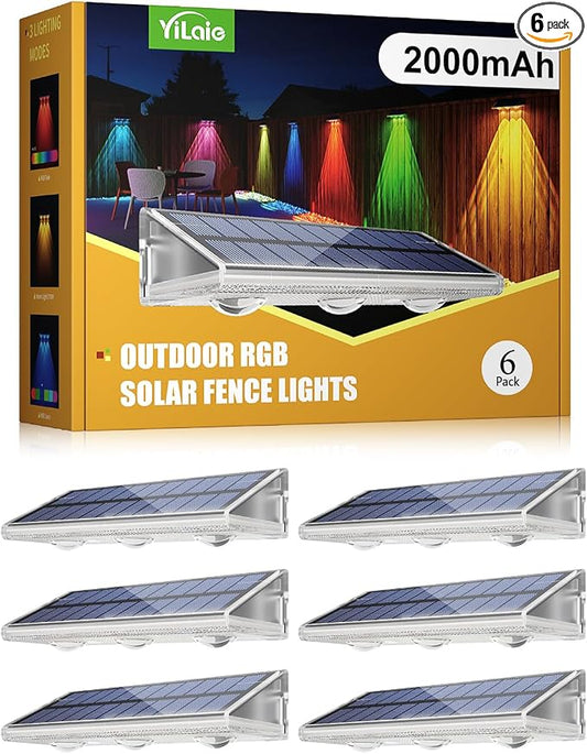 YiLaie Solar Fence Lights Outdoor with IP67 Waterproof, RGB Multi Color & Dusk to Dawn Auto ON/Off Solar Power Wall Mount Solar Lights for Outside Fence Wall Deck Gate (6 Pack)