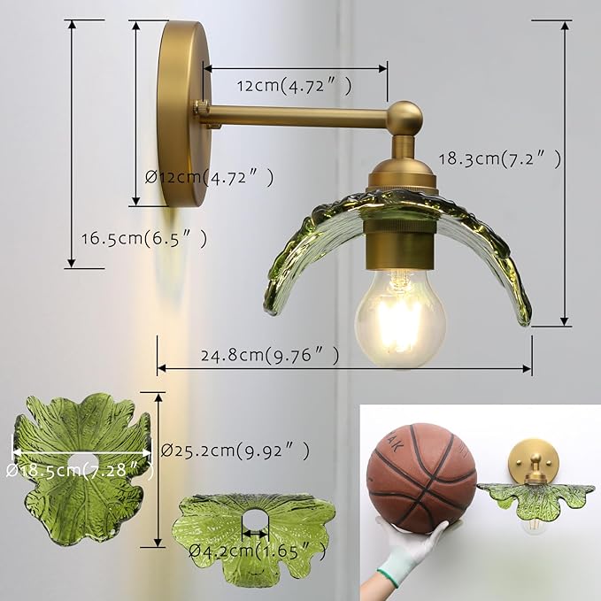 Pathson Vintage Wall Sconce Green Flower Glass, Hardwired Bathroom Sconce Boho Brass Wall Vanity Light for Living Room, Kitchen Sink, Bedroom, Farmhouse Lamp