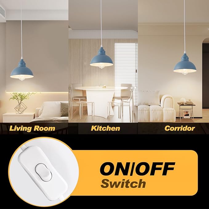 Plug in Pendant Light, 15FT Hanging Lights, On/Off Switch, Industrial Pendant Light with Plug in Cord, Metal Hanging Lamps for Living Room, Kitchen, Dining Room Blue